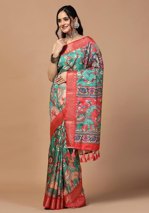 Rama Printed Silk Saree Set