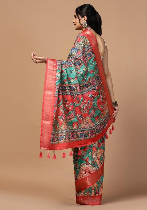 Rama Printed Silk Saree Set
