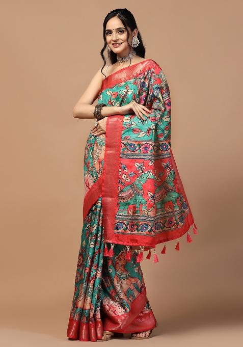 Rama Printed Silk Saree Set