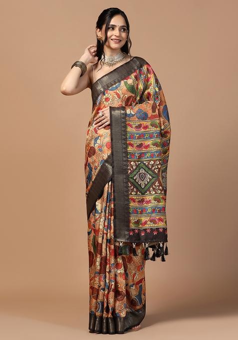 Brown Printed Silk Saree Set