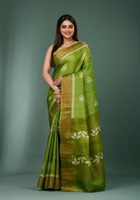 Green Printed Silk Saree Set
