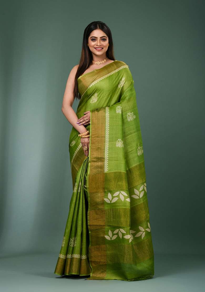 Green Printed Silk Saree Set - Indya