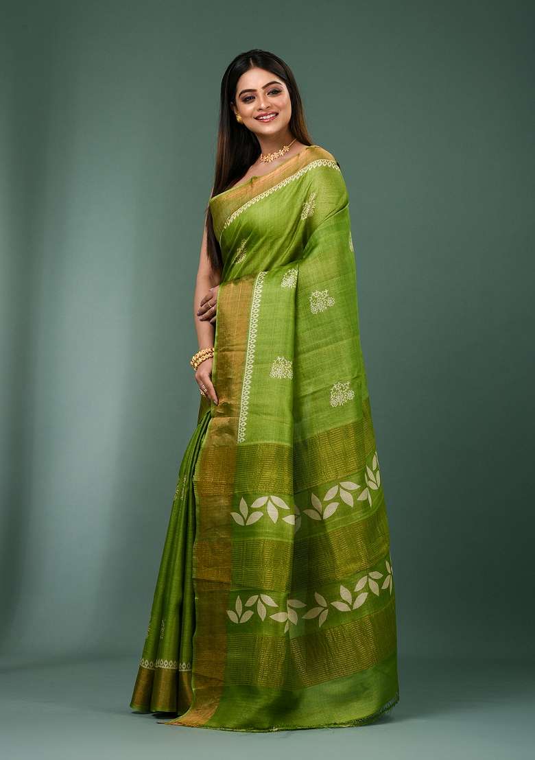 Green Printed Silk Saree Set - Indya