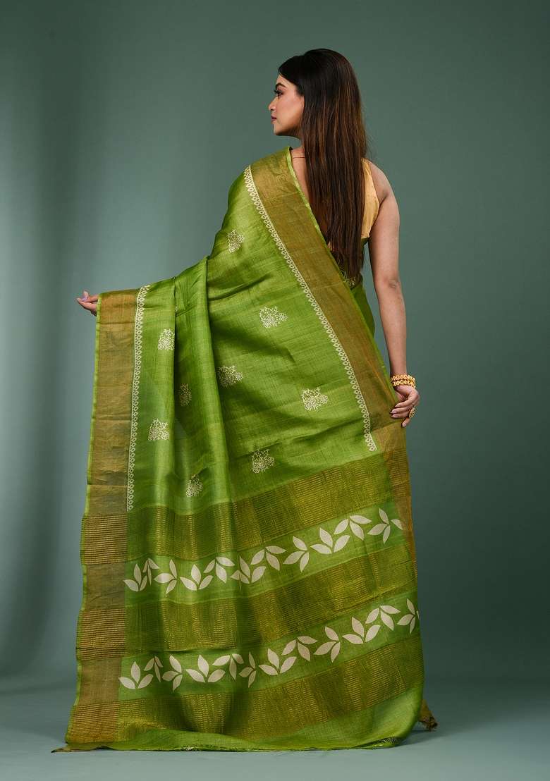 Green Printed Silk Saree Set - Indya