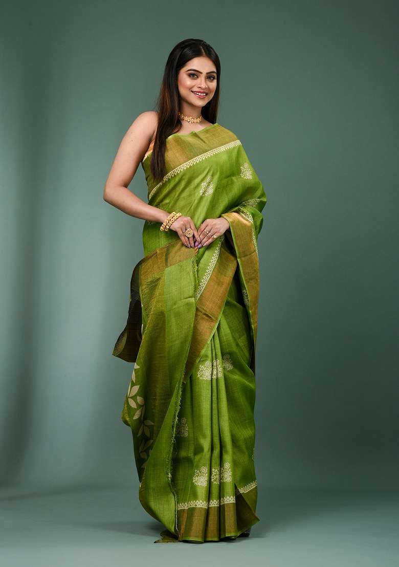 Green Printed Silk Saree Set - Indya