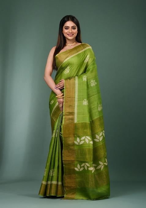 Green Printed Silk Saree Set