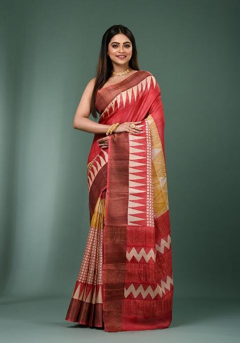 Multicolour Printed Silk Saree Set