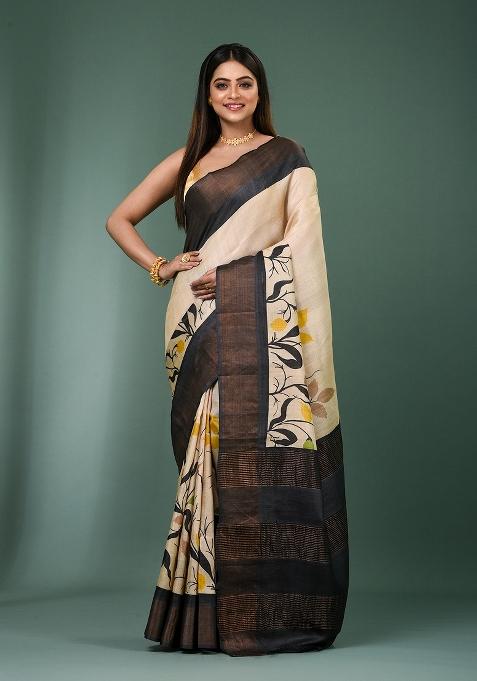 Cream Printed Silk Saree Set