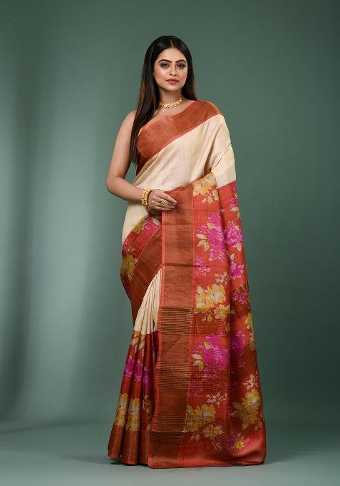 Multicolour Printed Silk Saree Set