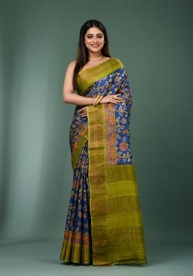 Blue Printed Silk Saree Set