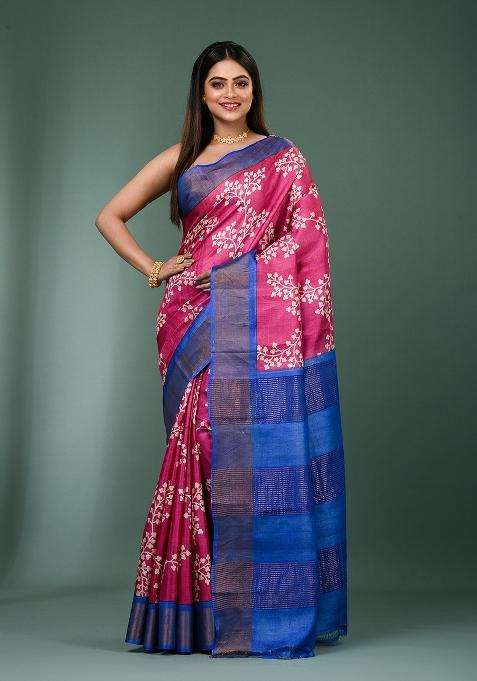 Pink Printed Silk Saree Set