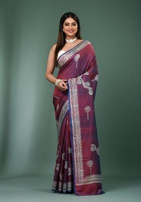 Wine Solid Silk Saree Set