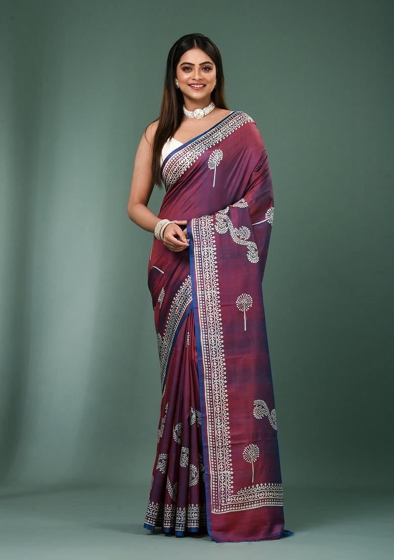 Wine Solid Silk Saree Set