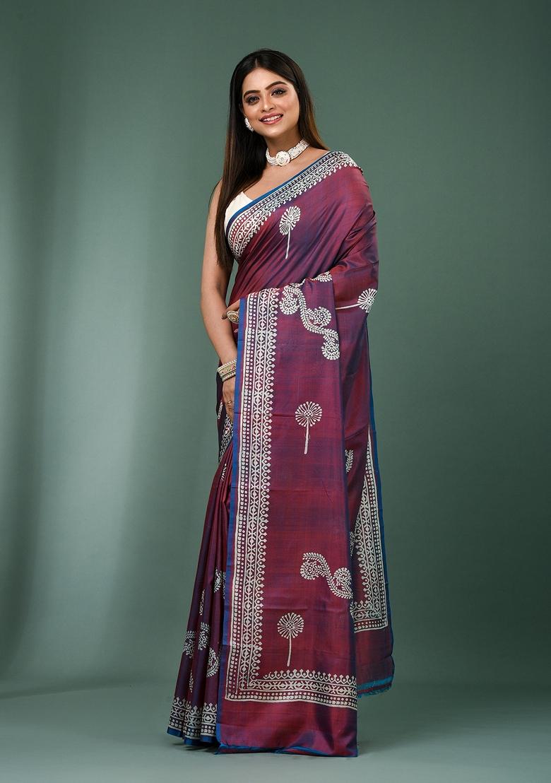 Wine Solid Silk Saree Set