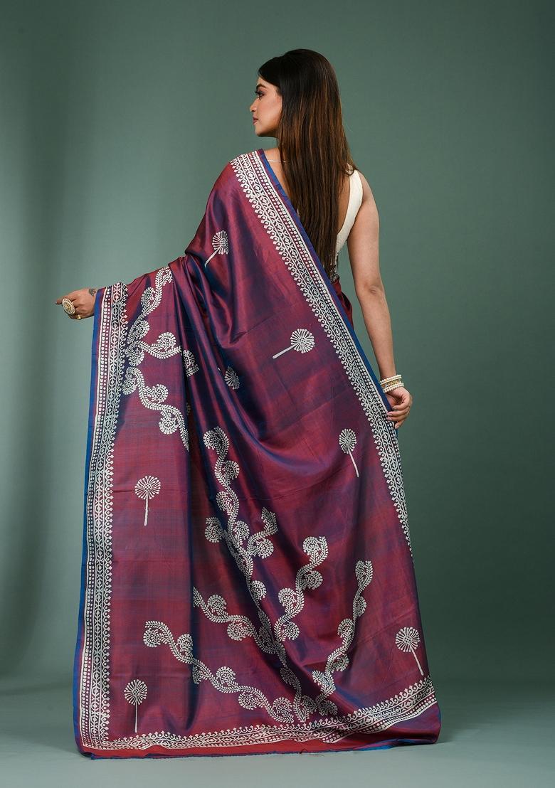 Wine Solid Silk Saree Set