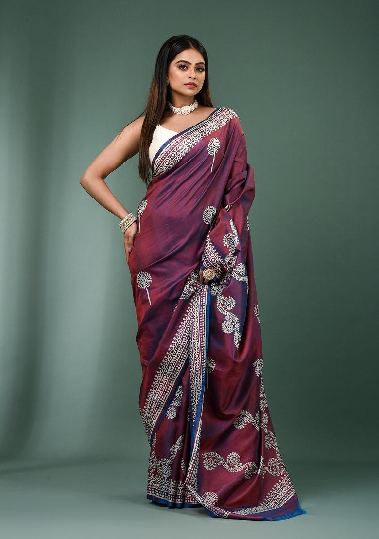 Wine Solid Silk Saree Set