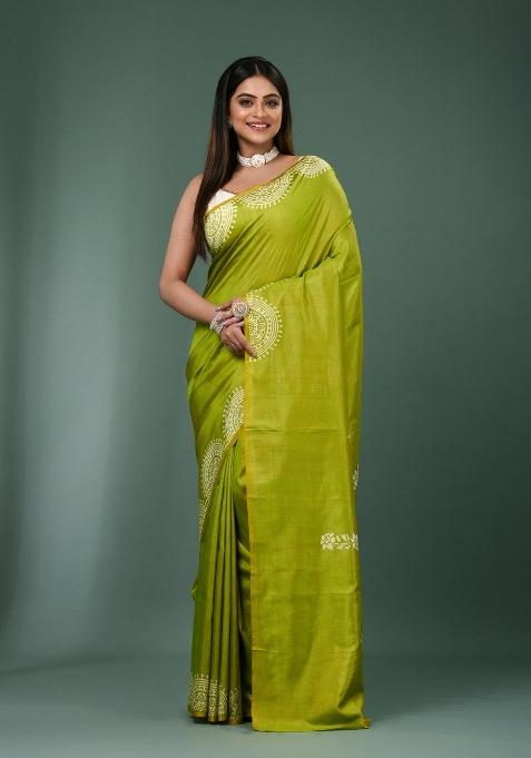 Lime Green Solid Silk Saree Set