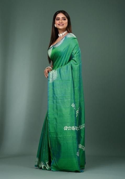 Green Solid Silk Saree Set