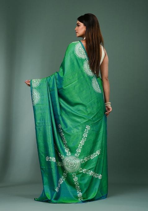 Green Solid Silk Saree Set