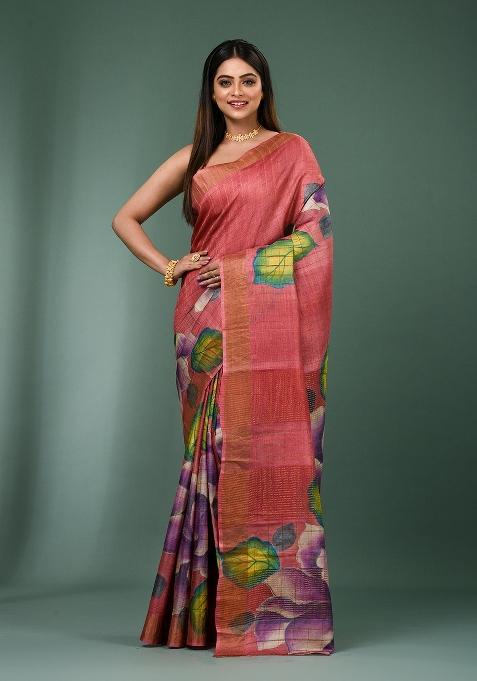 Multicolour Solid Silk Saree Set