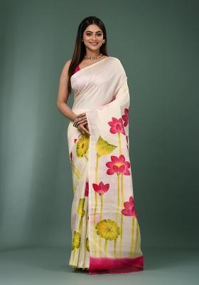 White Solid Silk Saree Set