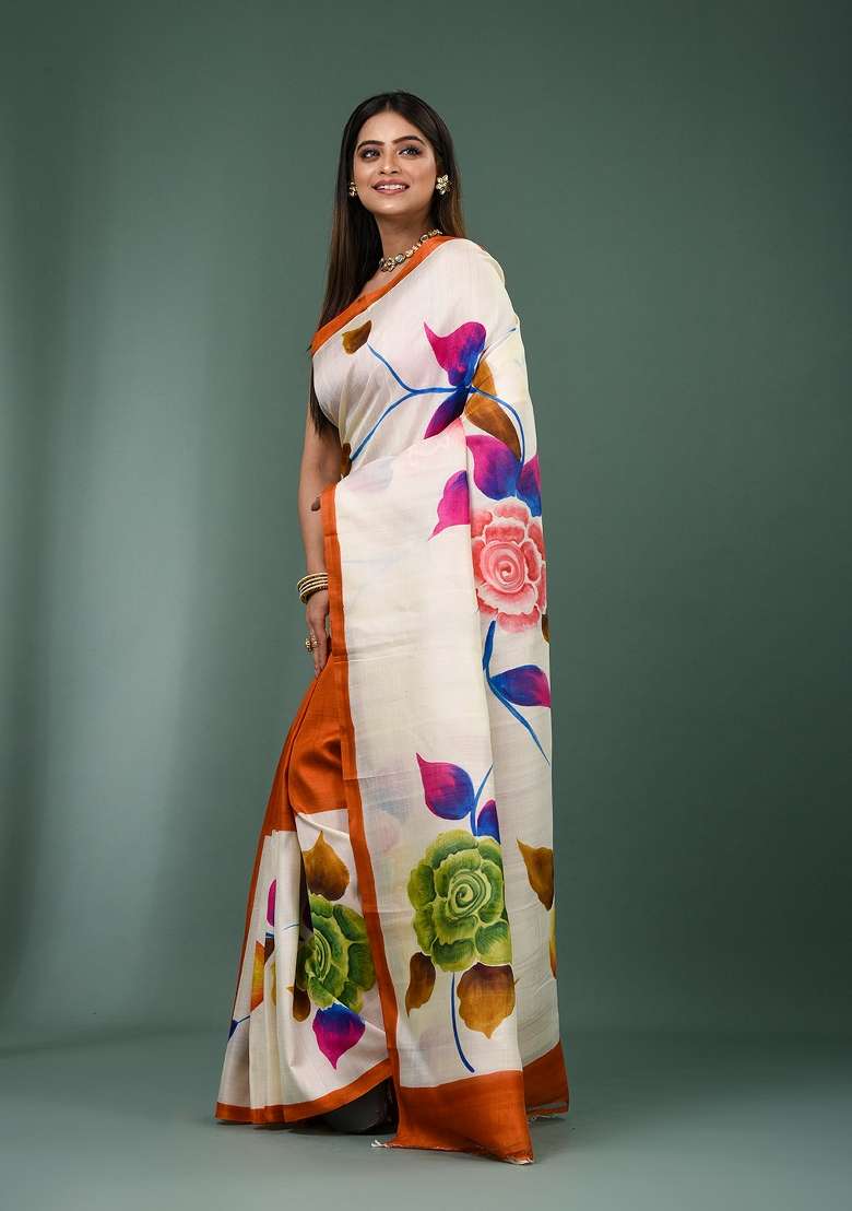 White Solid Silk Saree Set - Indya