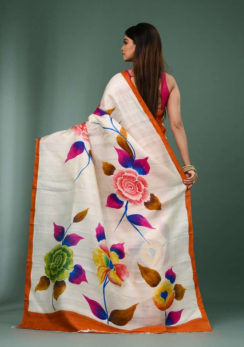 White Solid Silk Saree Set - Indya