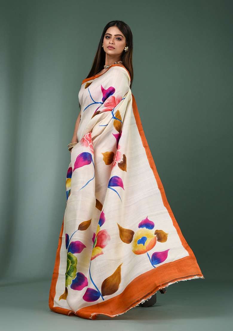 White Solid Silk Saree Set - Indya