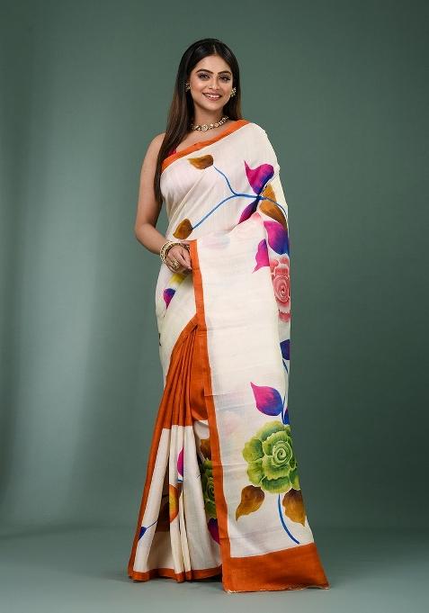 White Solid Silk Saree Set