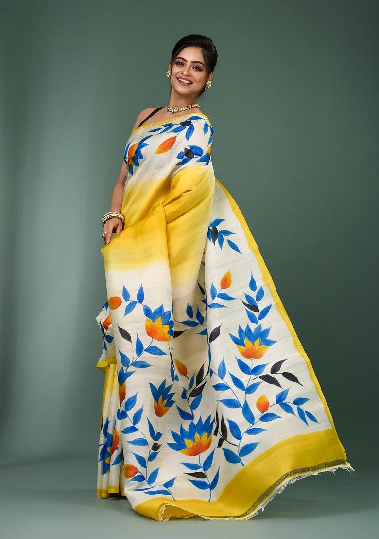 Multicolour Solid Silk Saree Set - Indya