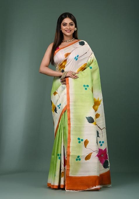 Multicolour Solid Silk Saree Set