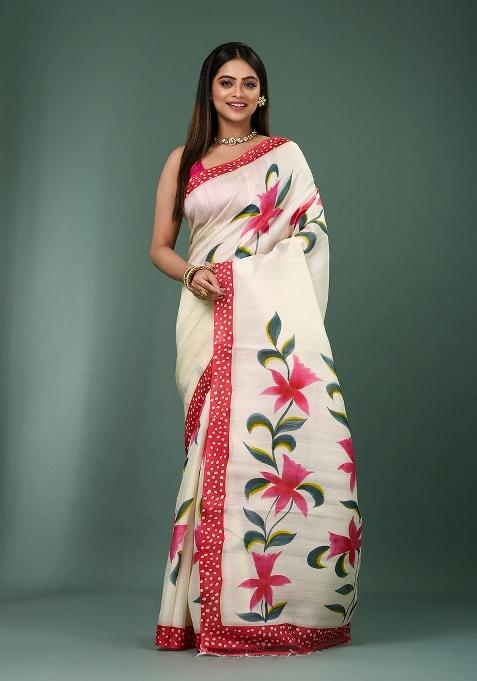 White Solid Silk Saree Set