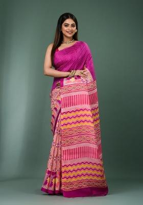 Pink Printed Silk Saree Set