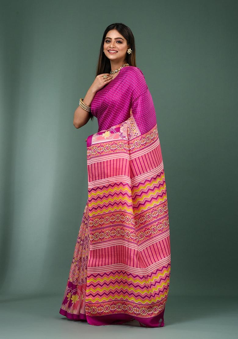 Pink Printed Silk Saree Set