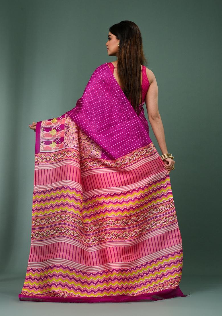 Pink Printed Silk Saree Set