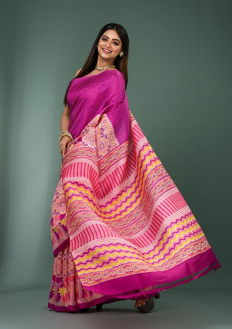 Pink Printed Silk Saree Set