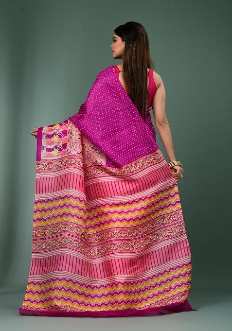 Pink Printed Silk Saree Set