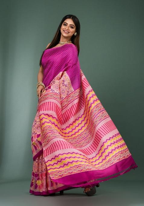 Pink Printed Silk Saree Set