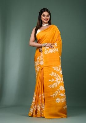 Yellow Printed Silk Saree Set