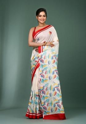 White Printed Silk Saree Set