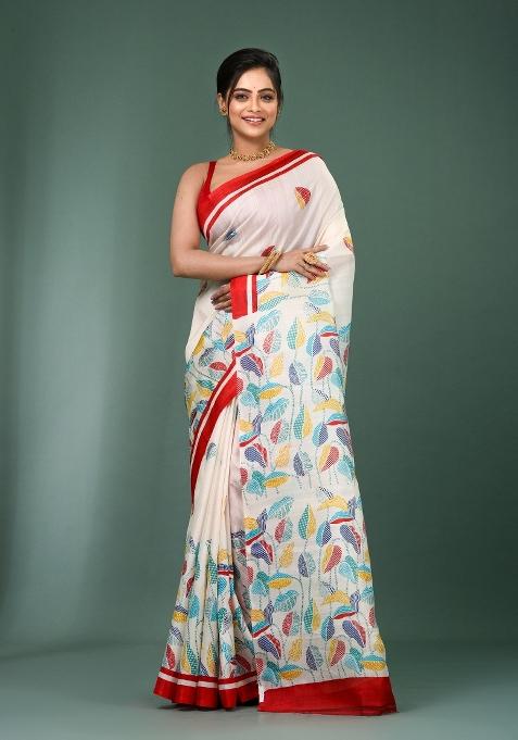 White Printed Silk Saree Set