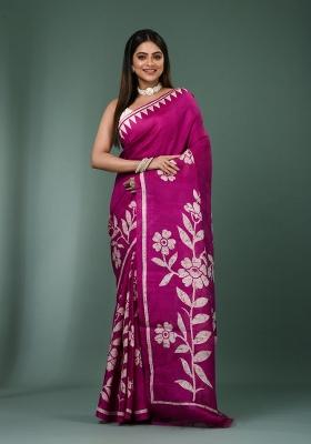 Purple Printed Silk Saree Set