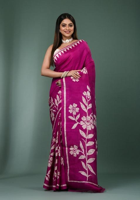 Purple Printed Silk Saree Set