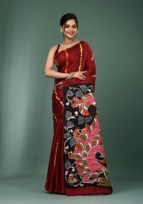 Coffee Brown Printed Silk Saree Set