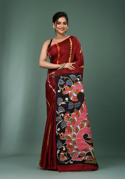 Coffee Brown Printed Silk Saree Set