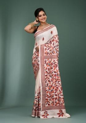 White Printed Silk Saree Set