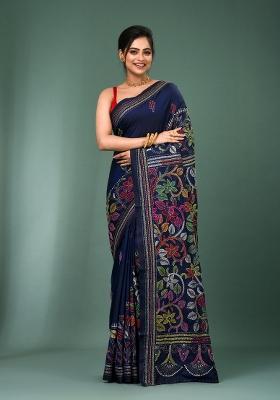 Blue Printed Silk Saree Set