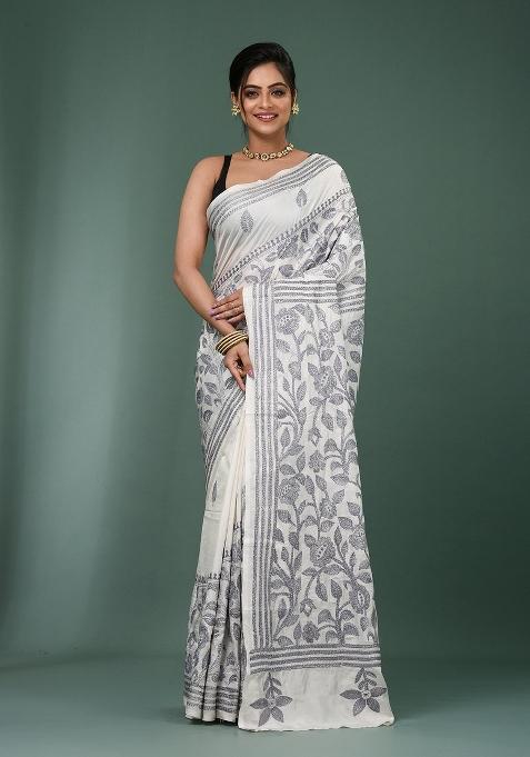White Printed Silk Saree Set