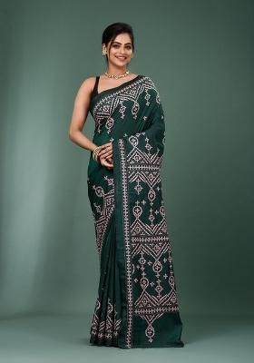 Green Printed Silk Saree Set