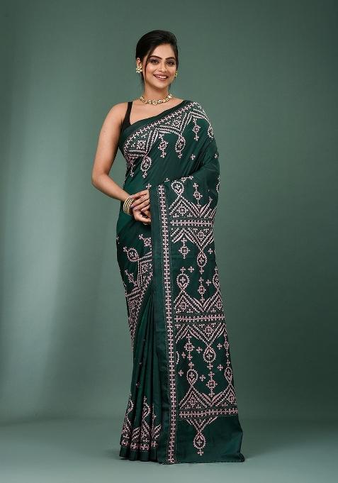 Green Printed Silk Saree Set